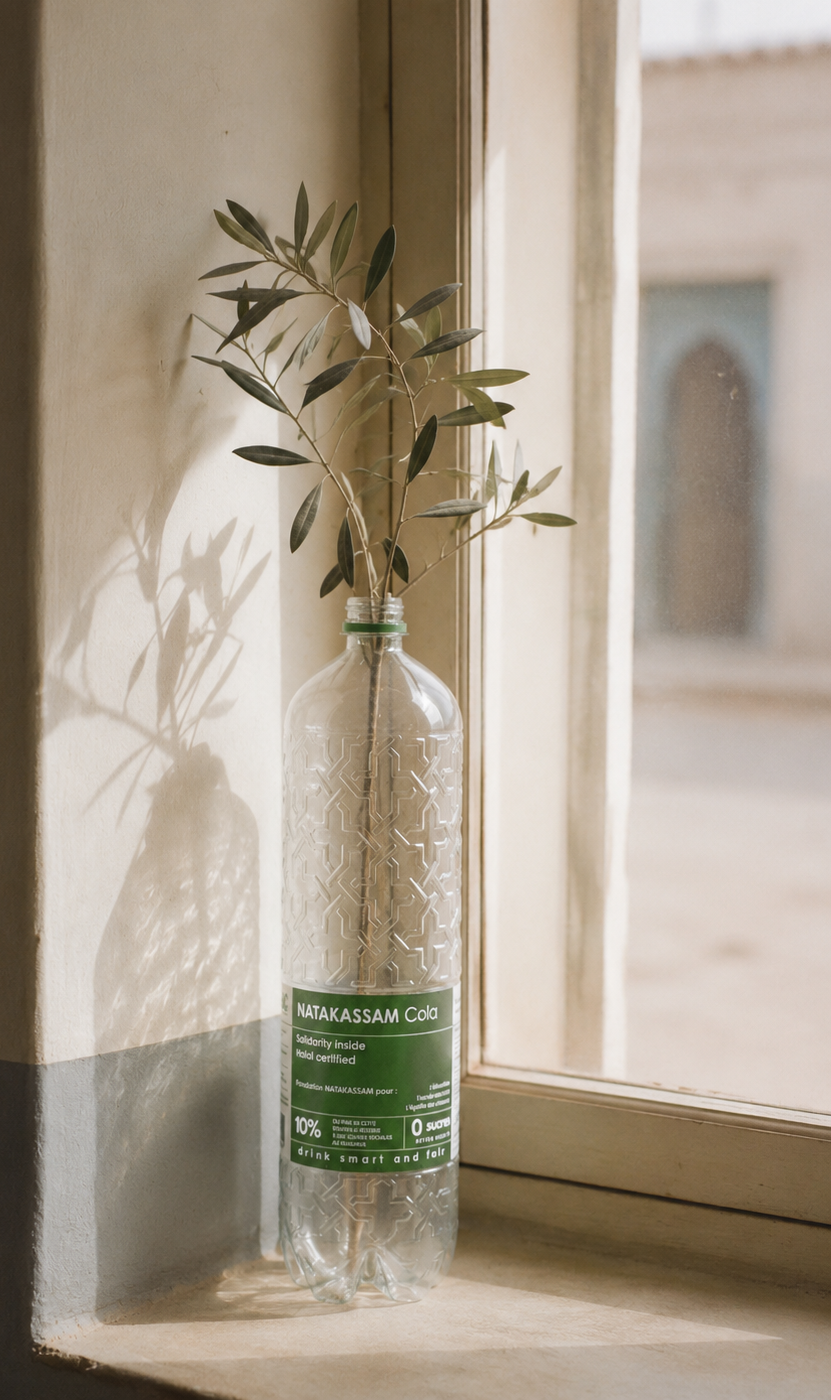 Bouteille NATAKASSAM en vase avec une branche d'olivier