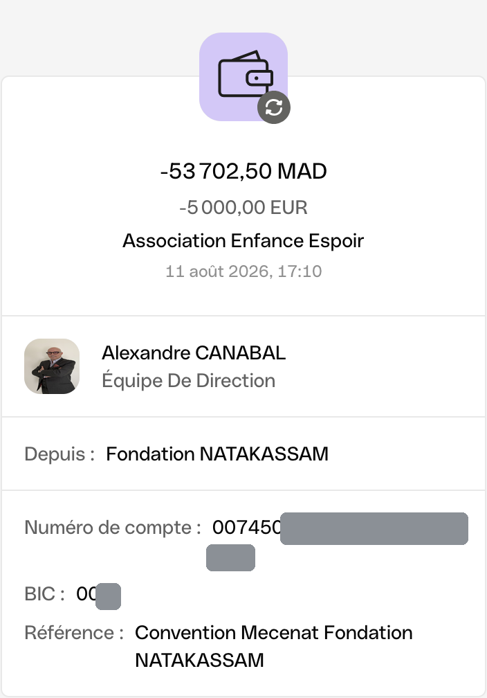 Preuve de paiement — virement de 5 000 € à l'Association Enfance Espoir