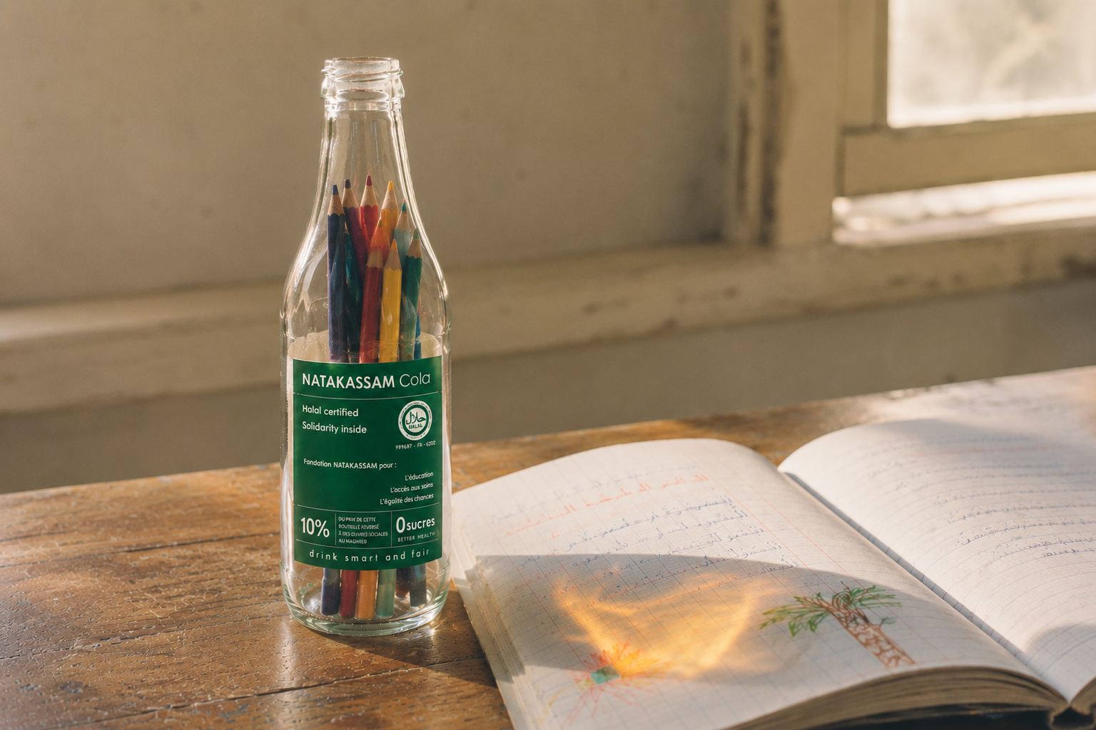 Bouteille NATAKASSAM Cola remplie de crayons de couleur à côté d'un cahier d'écolier au soleil