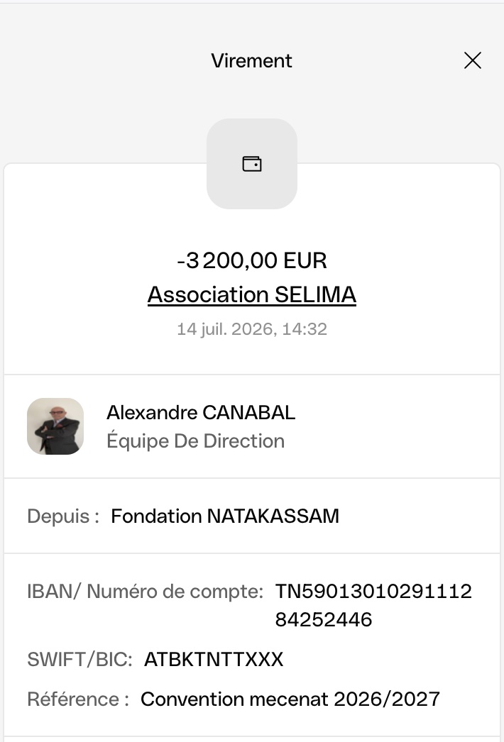 Preuve de paiement — virement de 3 200 € à l'association SELIMA